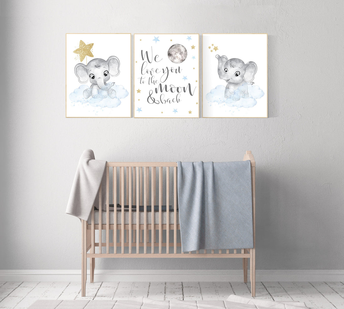 Nursery decor boy elephant, blue and gold nursery, blue nursery wall art, cloud and stars, baby room decor, we love you to the moon and back