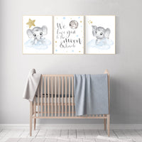 Nursery decor boy elephant, blue and gold nursery, blue nursery wall art, cloud and stars, baby room decor, we love you to the moon and back