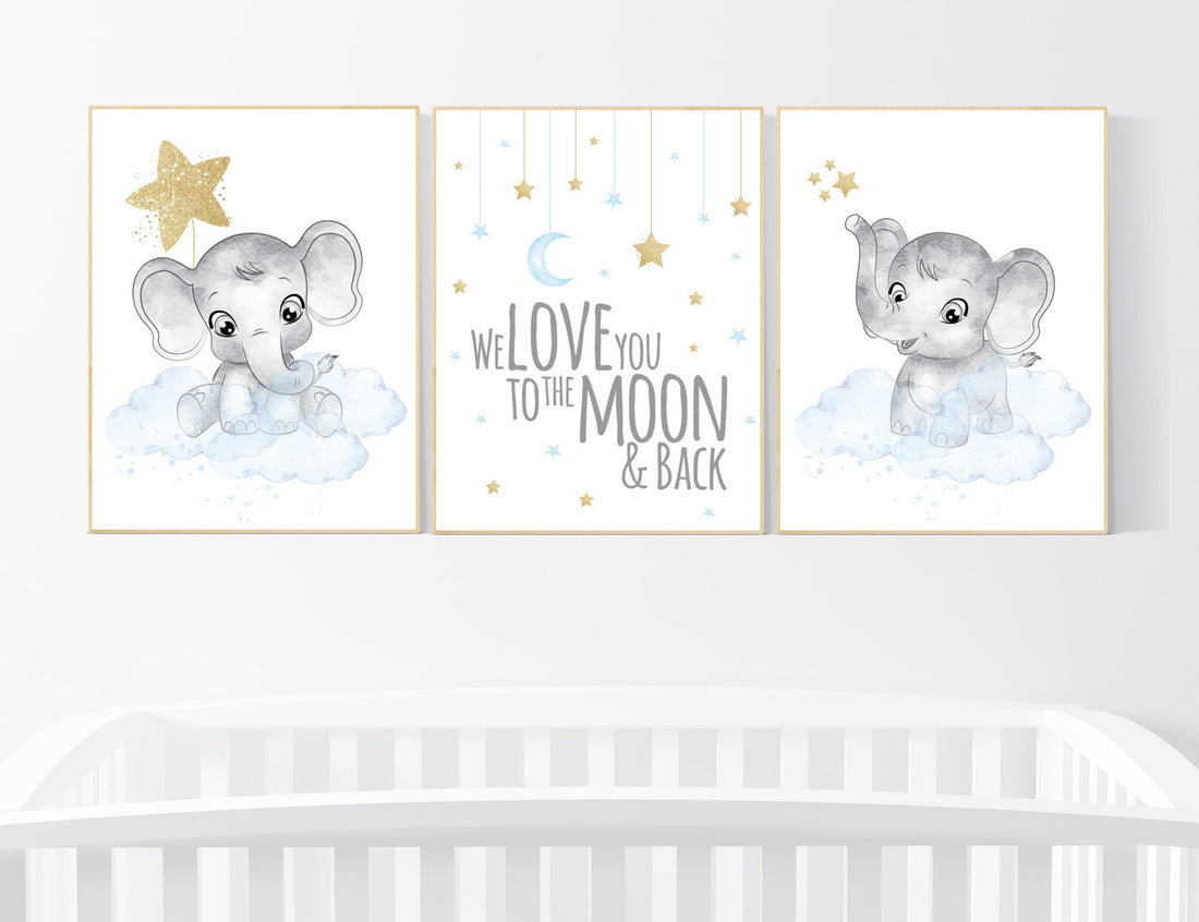 Nursery decor boy elephant, blue and gold nursery, we love you to the moon and back, blue nursery wall art, cloud and stars, baby room decor