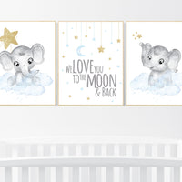 Nursery decor boy elephant, blue and gold nursery, we love you to the moon and back, blue nursery wall art, cloud and stars, baby room decor