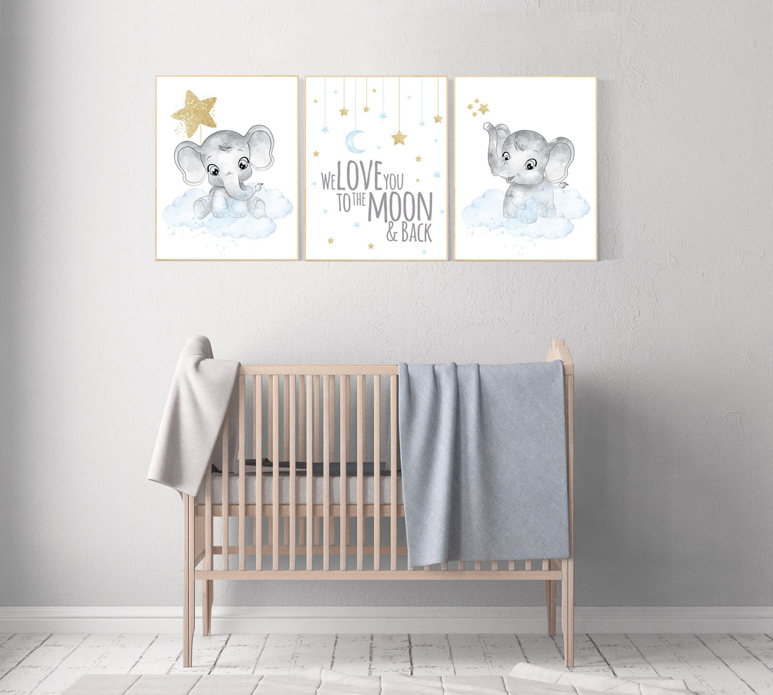 Nursery decor boy elephant, blue and gold nursery, we love you to the moon and back, blue nursery wall art, cloud and stars, baby room decor