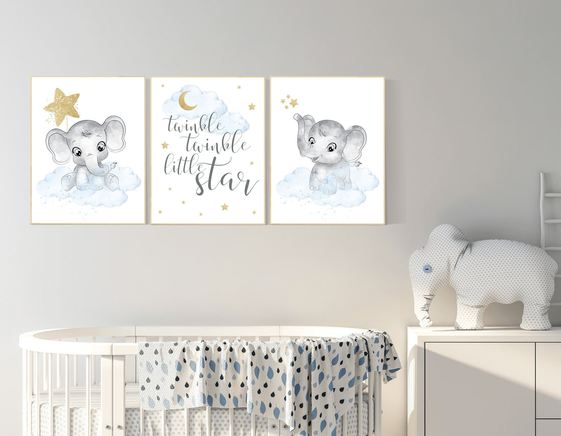 Nursery decor boy elephant, blue and gold nursery, twinkle twinkle little star, blue nursery wall art, cloud and stars, baby room decor