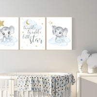 Nursery decor boy elephant, blue and gold nursery, twinkle twinkle little star, blue nursery wall art, cloud and stars, baby room decor