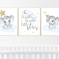 Nursery decor boy elephant, blue and gold nursery, twinkle twinkle little star, blue nursery wall art, cloud and stars, baby room decor