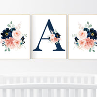 Blush navy flowers, nursery decor girl flower, nursery decor girl floral, blush and navy, navy and blush pink, girl nursery, name nursery