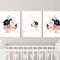 Blush navy flowers, nursery decor girl flower, nursery decor girl floral, blush navy flowers, navy and blush pink, Monogram, girl nursery