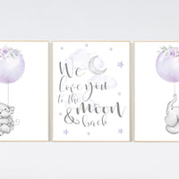 Nursery wall art elephant, Nursery prints girl, purple nursery, lavender, lilac nursery, moon and stars, girl baby room art, nursery set