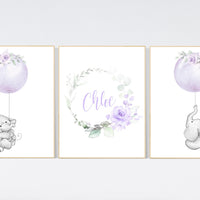 Purple nursery, nursery decor girl boho, nursery wall art elephant, nursery wall art girl, nursery prints girl floral, lilac, lavender