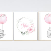 Nursery wall art girl elephant, pink nursery, nursery decor girl pink, floral nursery, nursery prints, baby room decor, girl nursery, floral
