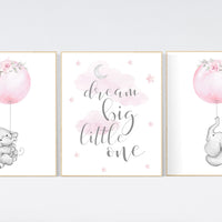 Nursery prints girl, pink and gray, animal nursery prints, nursery wall decor elephant, nursery prints elephant, dream big little one
