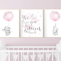 Nursery wall art girl elephant, boho nursery, we love you to the moon and back, elephant balloon, floral nursery wall decor, girls room