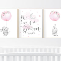 Nursery wall art girl elephant, boho nursery, we love you to the moon and back, elephant balloon, floral nursery wall decor, girls room