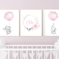 Nursery wall art girl elephant, pink nursery, nursery decor girl pink, floral nursery, nursery prints, baby room decor, girl nursery, floral