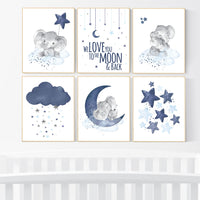 Nursery decor boy elephant, nursery wall art boy, navy and blue, moon and stars, navy blue nursery, boy nursery decor, elephant nursery art