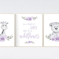 Nursery decor girl lilac, Floral jungle animals, bear, giraffe, Nursery wall art, flower, purple, in a field of roses she is a wildflower