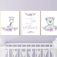 Nursery decor girl lilac, Floral jungle animals, bear, giraffe, Nursery wall art, flower, purple, in a field of roses she is a wildflower
