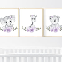 Floral jungle animals, elephant, bear, giraffe, lilac nursery, Nursery wall art girl, flower, girl nursery ideas, purple, nursery wall art