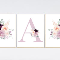 Nursery decor girl purple, mauve, Burgundy, floral nursery, flower nursery, butterfly, nursery prints girl, nursery wall decor girl, name