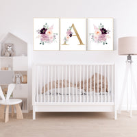 Nursery decor girl purple, mauve, Burgundy, floral nursery, flower nursery, butterfly, nursery prints girl, nursery wall decor girl, name