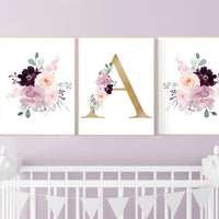 Nursery decor girl purple, mauve, Burgundy, floral nursery, flower nursery, butterfly, nursery prints girl, nursery wall decor girl, name