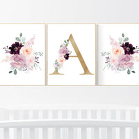 Nursery decor girl purple, mauve, Burgundy, floral nursery, flower nursery, butterfly, nursery prints girl, nursery wall decor girl, name