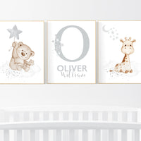 Nursery decor gender neutral, bear, giraffe, nursery wall decor, name nursery print, teddy bear decor, nursery wall art animals, boy nursery