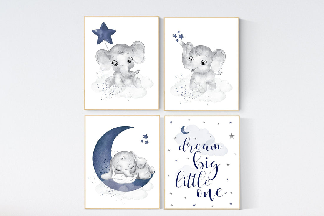 Nursery decor boy elephant, boy nursery decor, navy blue, nursery prints boy, dream big little one, nursery wall art boy, moon and stars