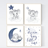 Nursery decor boy elephant, boy nursery decor, navy blue, nursery prints boy, dream big little one, nursery wall art boy, moon and stars