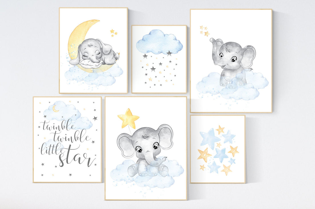 Neutral nursery, elephant nursery wall art, yellow blue, twins, unisex, nursery wall decor, moon and stars, baby room art, gender neutral