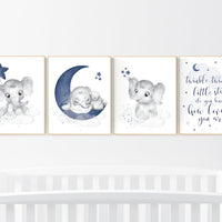 Nursery decor boy elephant, navy nursery decor, moon and stars, navy blue nursery art, elephant, boy nursery, twinkle twinkle little star