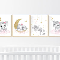 Nursery decor girl elephant, pink and gold nursery, we love you to the moon and back, pink nursery art, cloud and stars, baby room decor