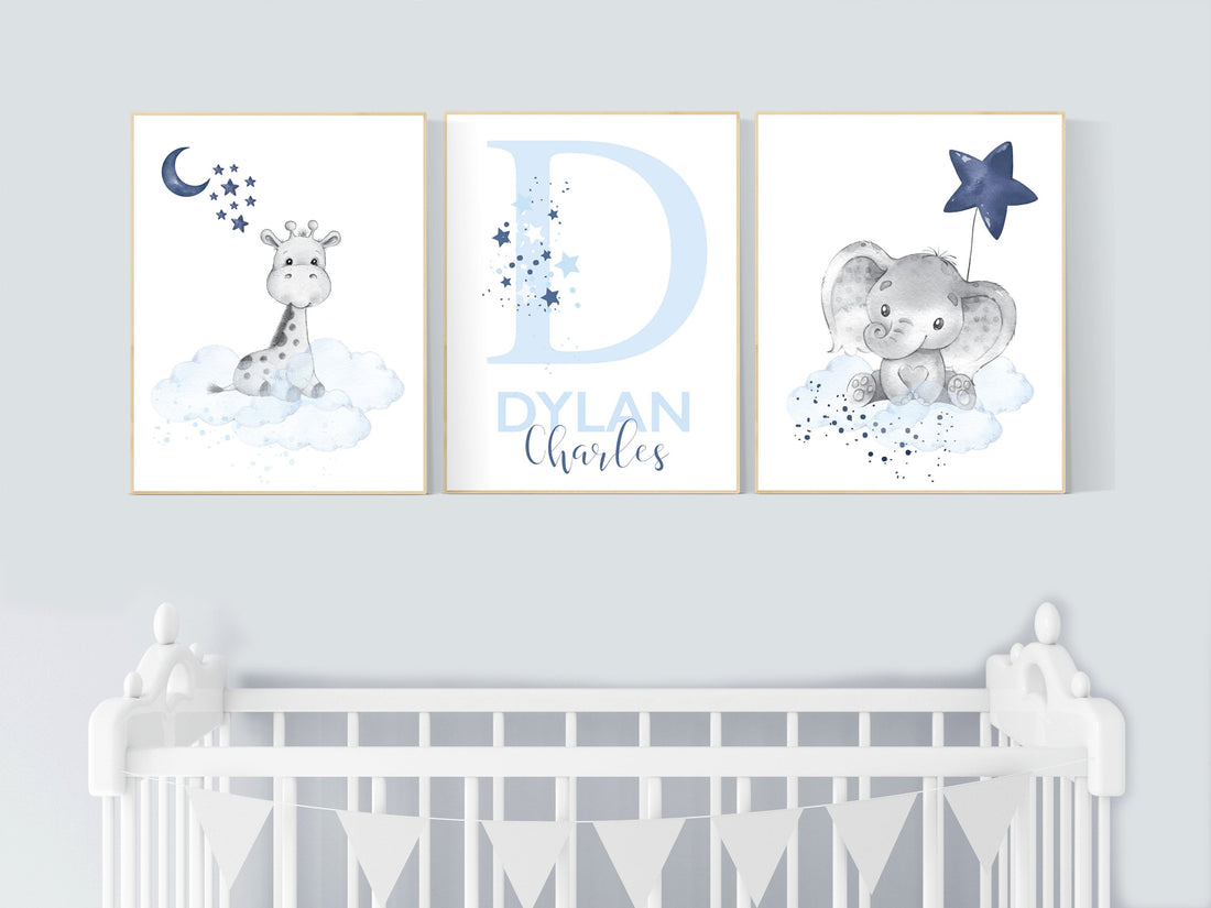 Nursery decor boy, navy blue nursery, elephant,, nursery wall art boy, nursery prints boy, set of 3, navy nursery, name nursery, custom