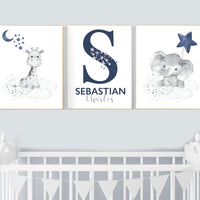 Nursery decor boy, elephant, giraffe, animal nursery prints, navy nursery, navy blue nursery, baby room wall art, nursery decor boy name