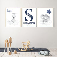 Nursery decor boy, elephant, giraffe, animal nursery prints, navy nursery, navy blue nursery, baby room wall art, nursery decor boy name