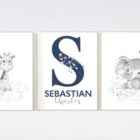Nursery decor boy, elephant, giraffe, animal nursery prints, navy nursery, navy blue nursery, baby room wall art, nursery decor boy name