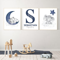 Nursery decor boy, elephant, bear, animal nursery prints, navy nursery, navy blue nursery, baby room wall art, nursery decor boy name