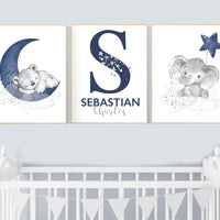 Nursery decor boy, elephant, bear, animal nursery prints, navy nursery, navy blue nursery, baby room wall art, nursery decor boy name