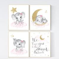 Nursery decor girl elephant, pink and gold nursery, we love you to the moon and back, pink nursery art, cloud and stars, baby room decor