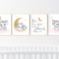 Nursery decor girl elephant, pink and gold nursery, we love you to the moon and back, pink nursery art, cloud and stars, baby room decor