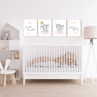 Nursery decor girl elephant, pink and gold nursery, twinkle twinkle little one, pink nursery art, cloud and stars, baby room decor, wall art