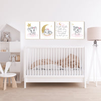 Nursery decor girl elephant, pink and gold nursery, twinkle twinkle little star, pink nursery art, cloud and stars, baby room decor