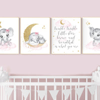 Nursery decor girl elephant, pink and gold nursery, twinkle twinkle little star, pink nursery art, cloud and stars, baby room decor