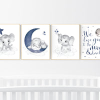 Nursery decor boy elephant, navy nursery decor, we love you to the moon and back, moon and stars, navy blue nursery art, elephant nursery