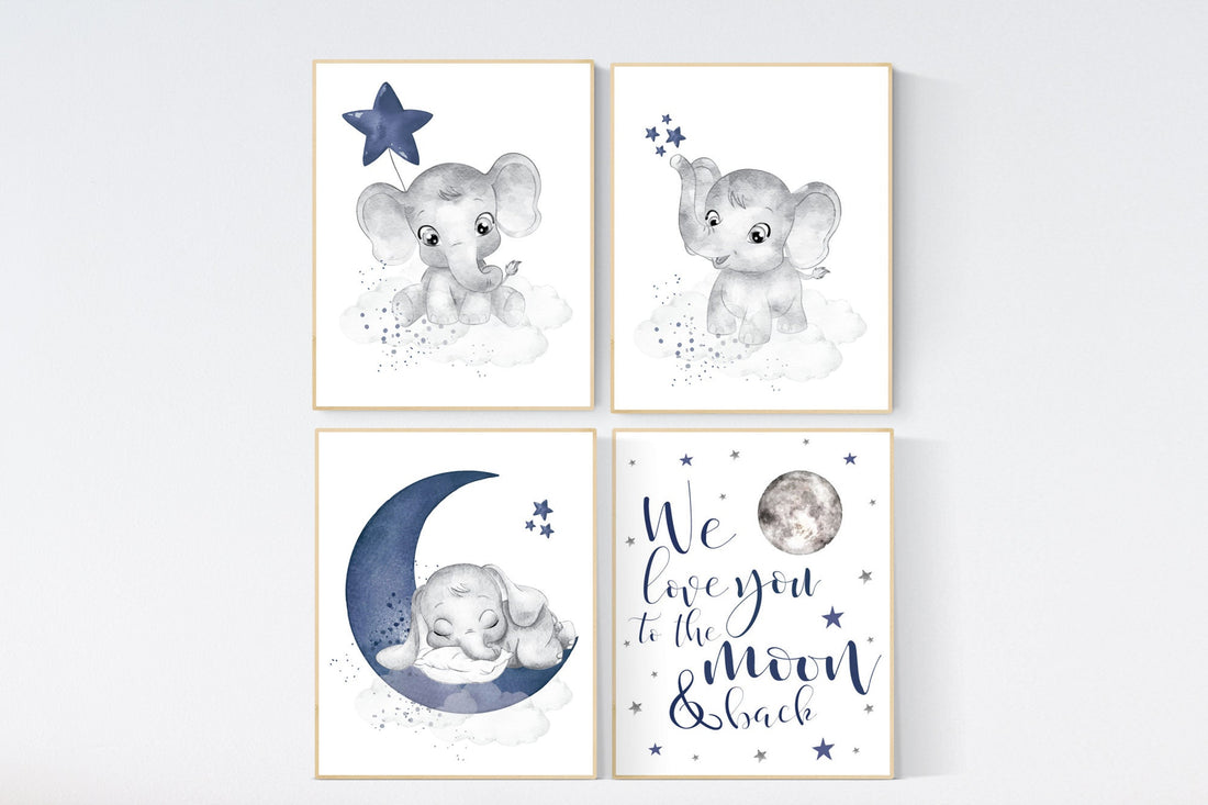 Nursery decor boy elephant, navy nursery decor, we love you to the moon and back, moon and stars, navy blue nursery art, elephant nursery