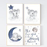 Nursery decor boy elephant, navy nursery decor, we love you to the moon and back, moon and stars, navy blue nursery art, elephant nursery