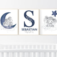 Nursery decor boy, elephant nursery, navy nursery decor, boy nursery wall art, moon and stars, navy blue nursery wall decor, name nursery