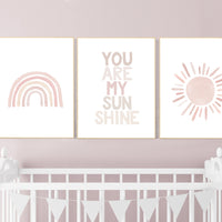Nursery prints rainbow, Nursery decor girl, nursery wall art, blush pink, moon star, cloud, nursery wall art, light coral, blush, rainbow