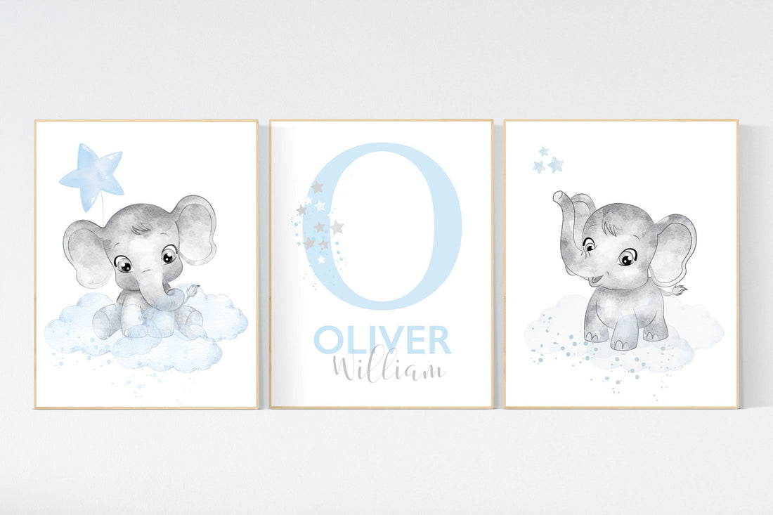 Nursery decor boy elephant, nursery wall art elephant, baby room decor boy, cloud and stars, Elephant Nursery Art, Baby Boy Nursery Art