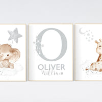 Nursery wall art animals, gray nursery, gender neutral nursery, neutral nursery, baby room decor, bear, elephant, giraffe, animal prints