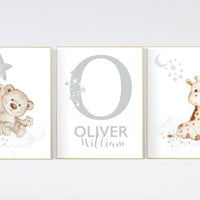 Nursery decor gender neutral, bear, giraffe, nursery wall decor, name nursery print, teddy bear decor, nursery wall art animals, boy nursery